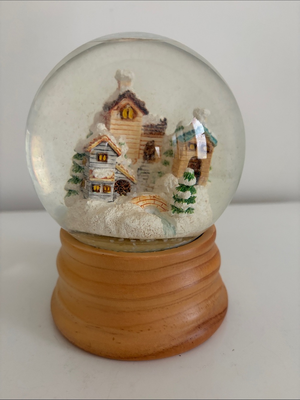 Vintage Holiday Snow Globe with Wooden Base - White Snow Village